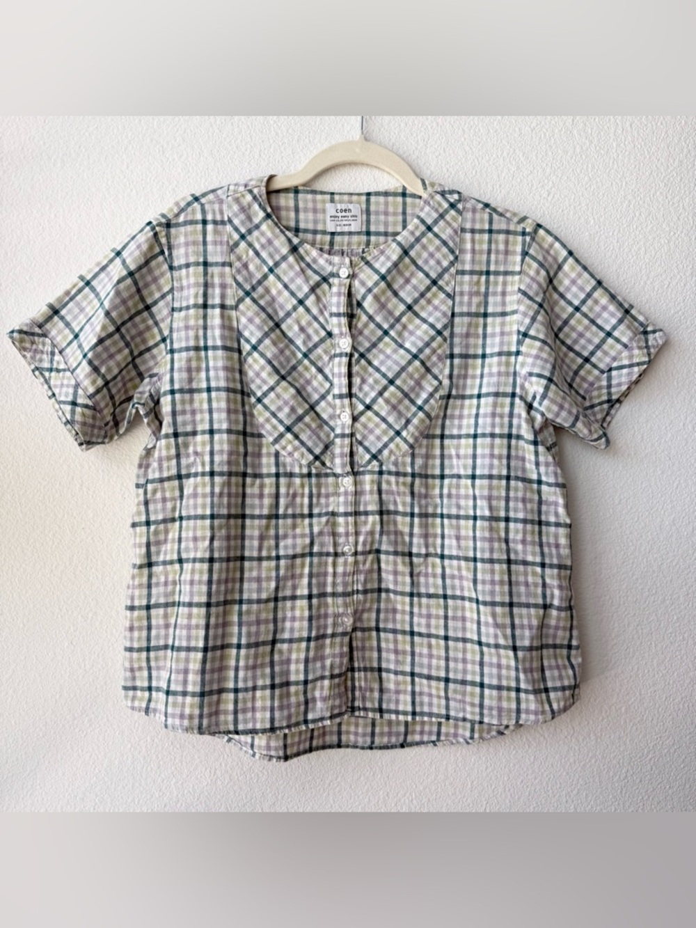 Coen Linen Plaid Button Down short sleeve shirt Grreen